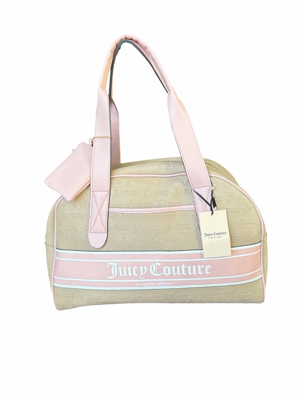 Juicy Couture Beige and Pink Dome Travel Tote with Logo Stripe